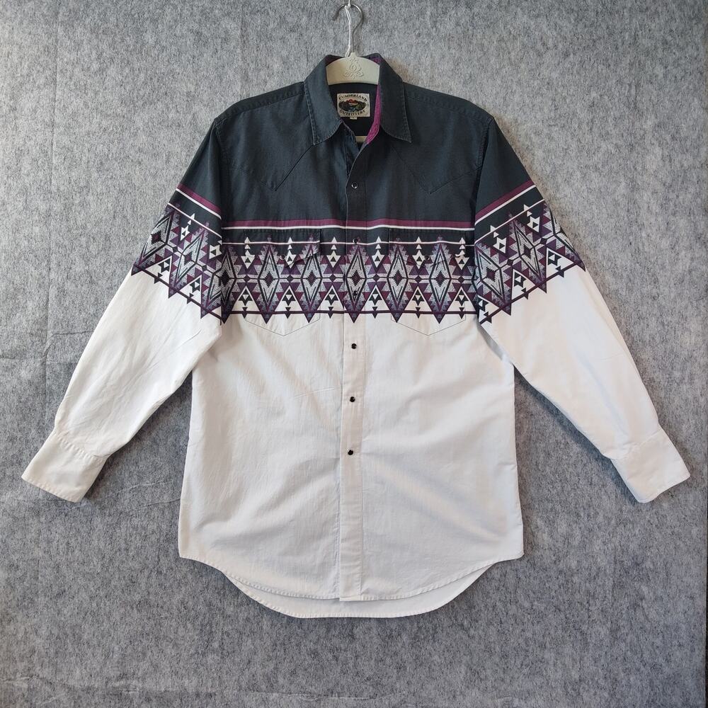 VTG Country Western Cumberland Outfitters Aztec Graphic Print Pearl Snap Shirt